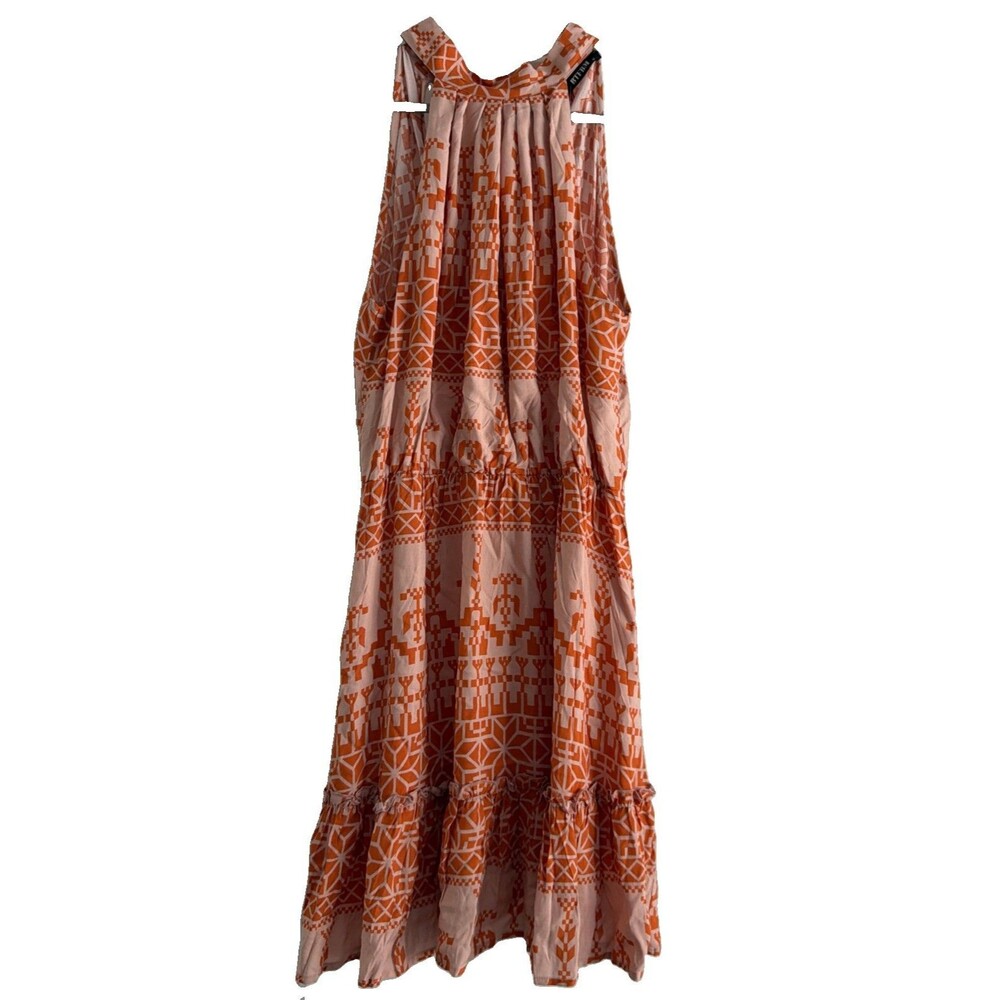 BTFBM Orange Geometric Halter Dress M Boho Tiered Ruffle Back Tie Lined Mini
